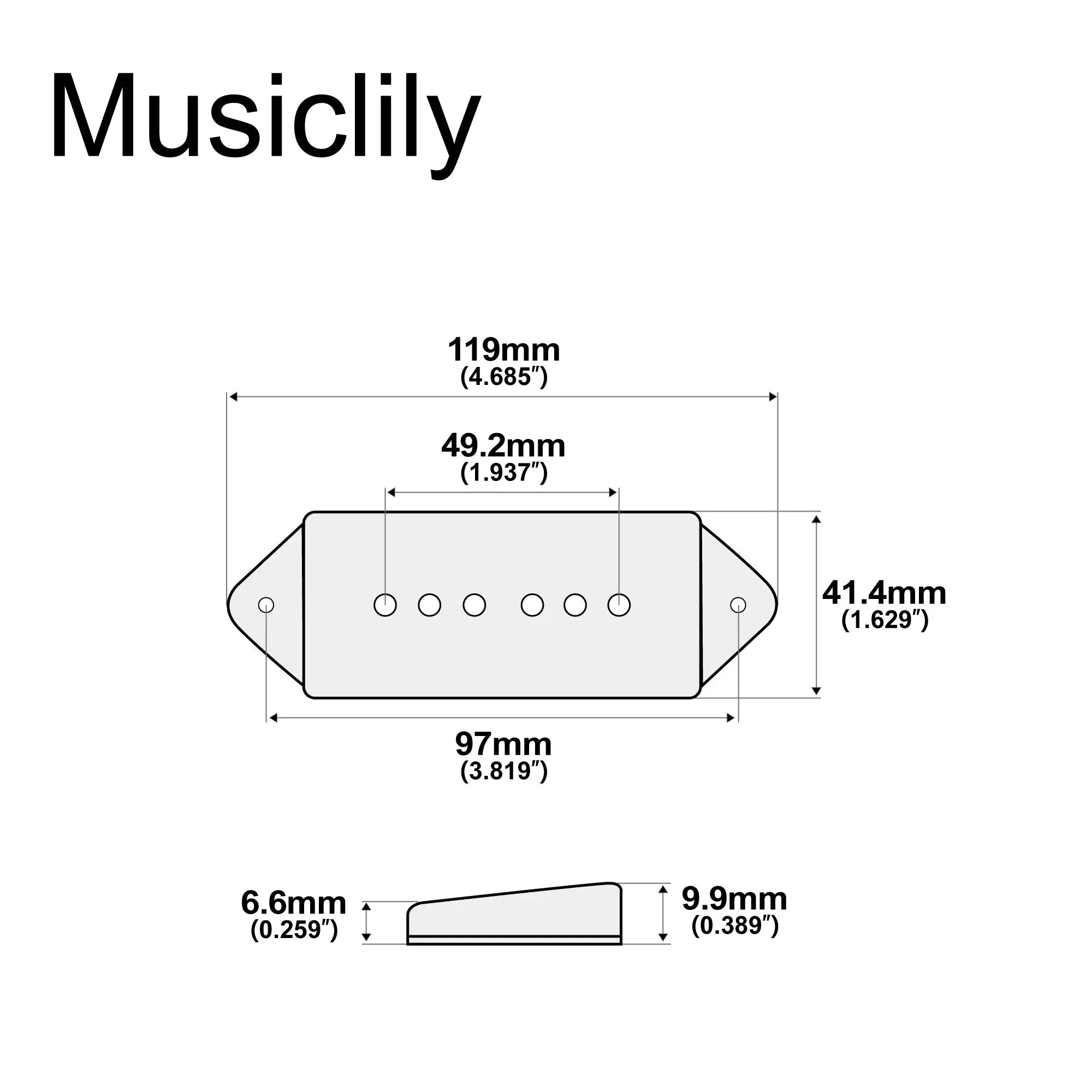Dimensions of musiclily pro plastic 49 2mm p90 dog ear short low neck position pickup covers for usa lp vintage style epiphone mx1723 2p
