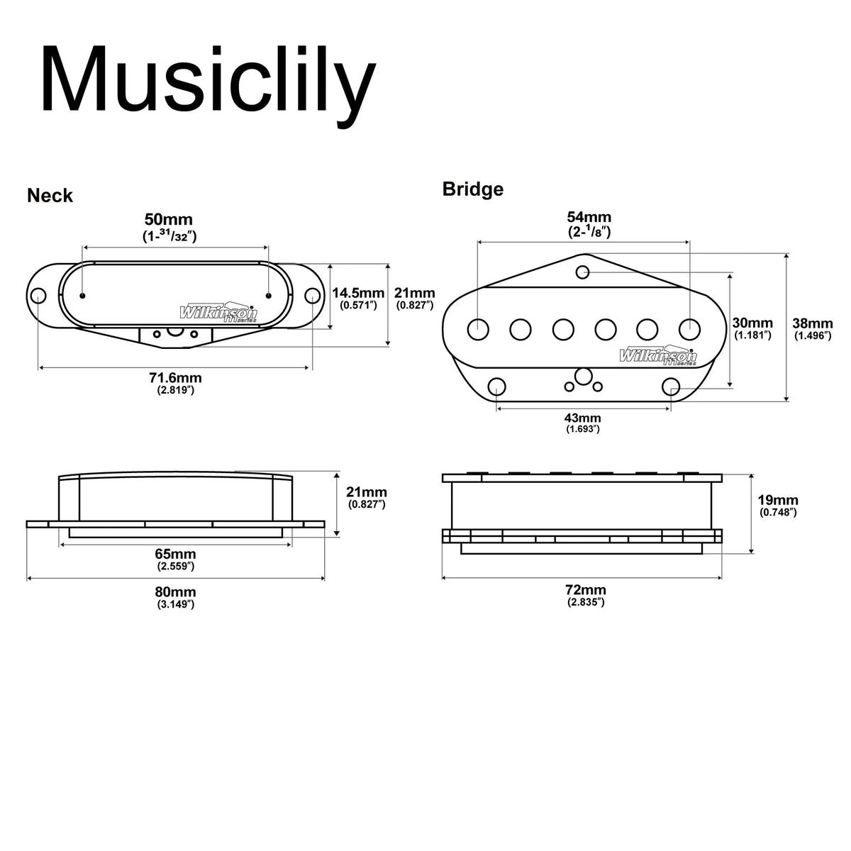 Dimensions of wilkinson m series low gauss nashville sound ceramic single coil pickups set for tele style electric guitar mx1759mx1760p