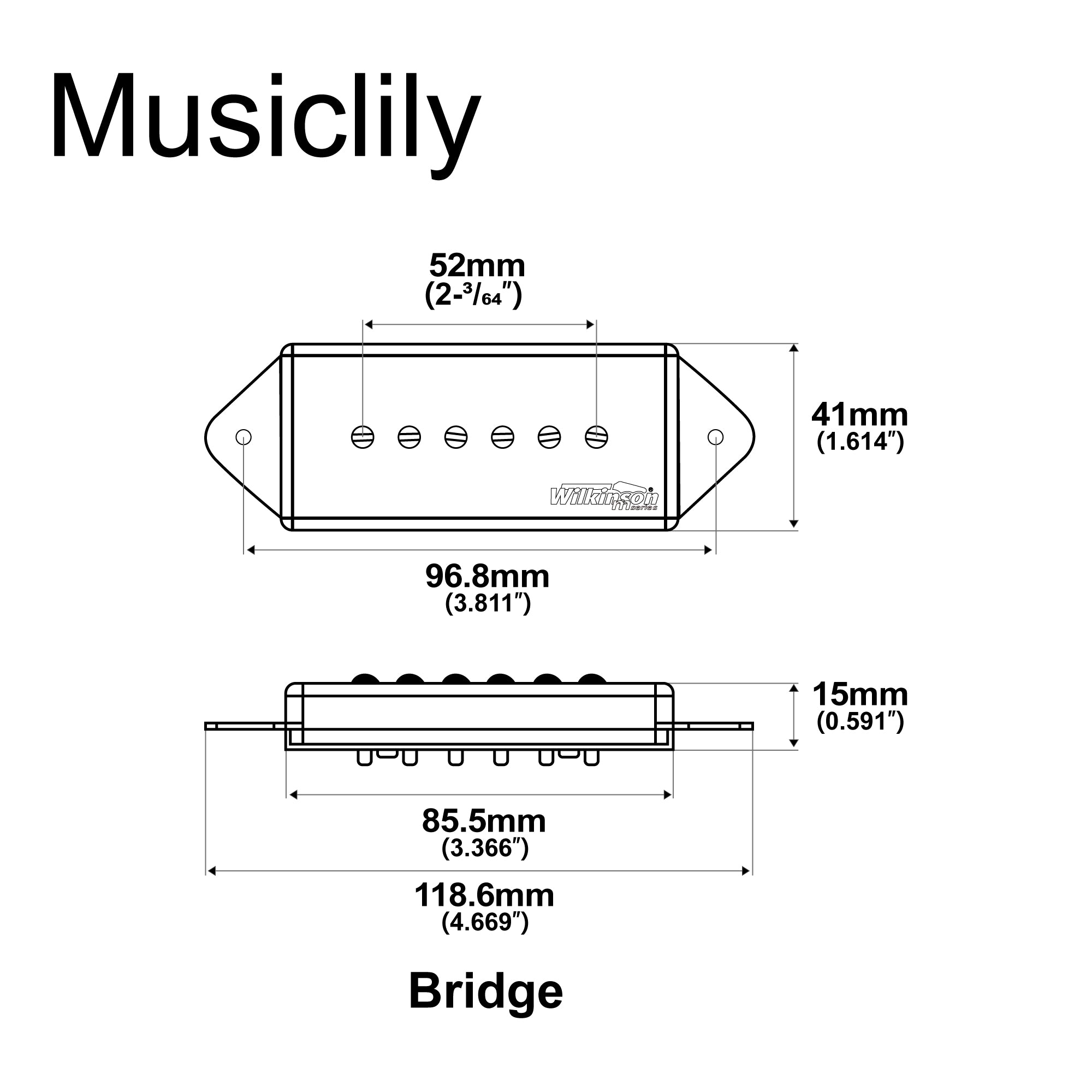 Dimensions of wilkinson m series low gauss iconic sound ceramic p90 dogear style single coil bridge pickup for sg lp style electric guitar mx1764bk
