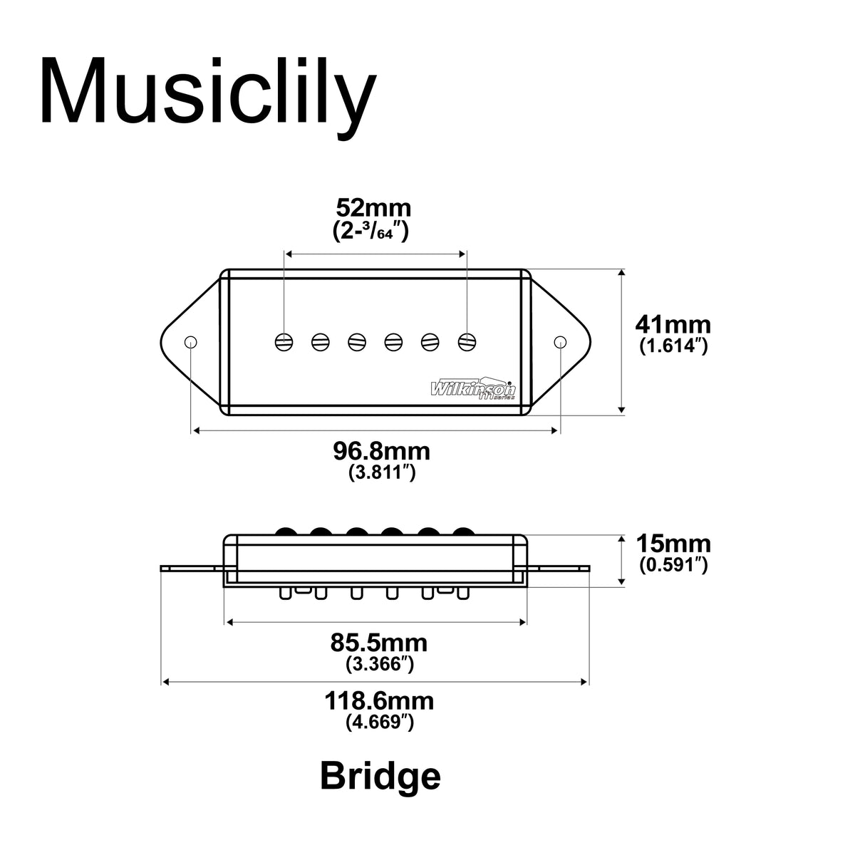 Dimensions of wilkinson m series low gauss iconic sound ceramic p90 dogear style single coil bridge pickup for sg lp style electric guitar mx1764bk
