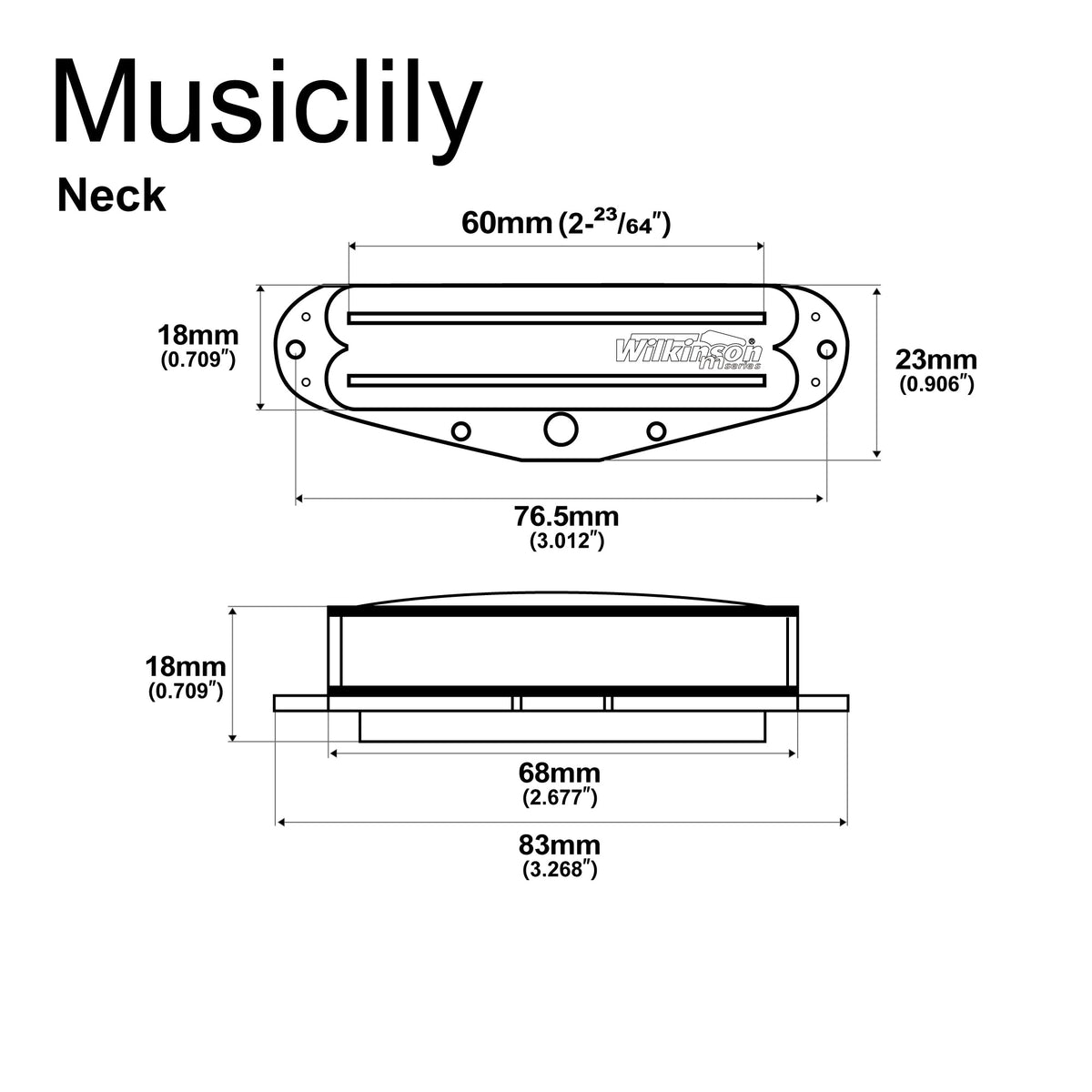 Dimensions of wilkinson m series low gauss rail blade ceramic single coil sized humbucker neck pickup for strat style electric guitar mx1765bk