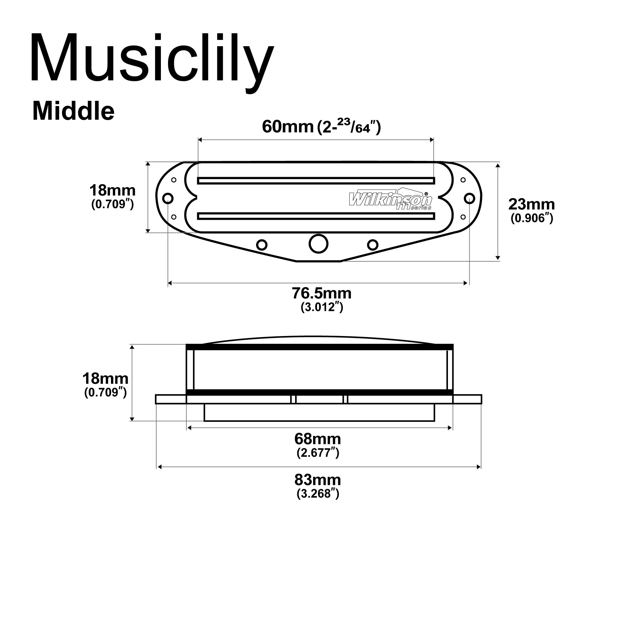 Dimensions of wilkinson m series low gauss rail blade ceramic single coil sized humbucker middle pickup for strat style electric guitar mx1766bk