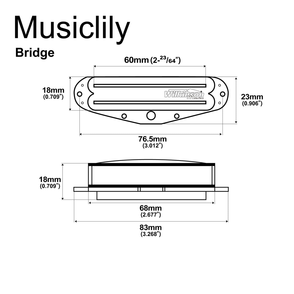 Dimensions of wilkinson m series low gauss rail blade ceramic single coil sized humbucker bridge pickup for strat style electric guitar mx1767bk