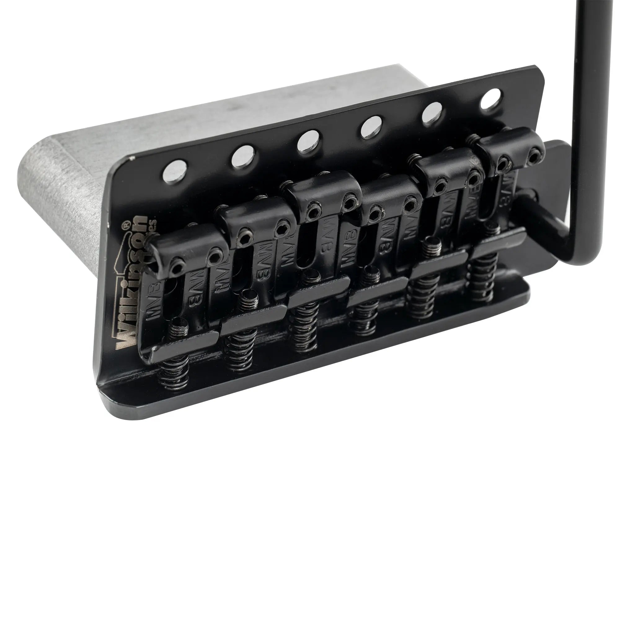 detail of wilkinson m series 54mm2 1 8 inch string spacing 6 screw vintage bent saddle guitar tremolo bridge with push in arm 36mm block for strat style electric guitar mx1792p