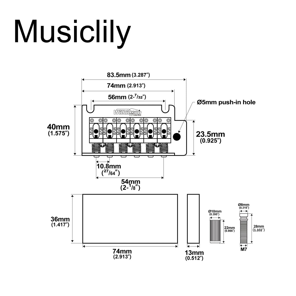 Dimensions of wilkinson m series 54mm2 1 8 inch vintage style full block pop in arm 2 point st guitar tremolo bridge for mij mik strat style electric guitar mx1794p