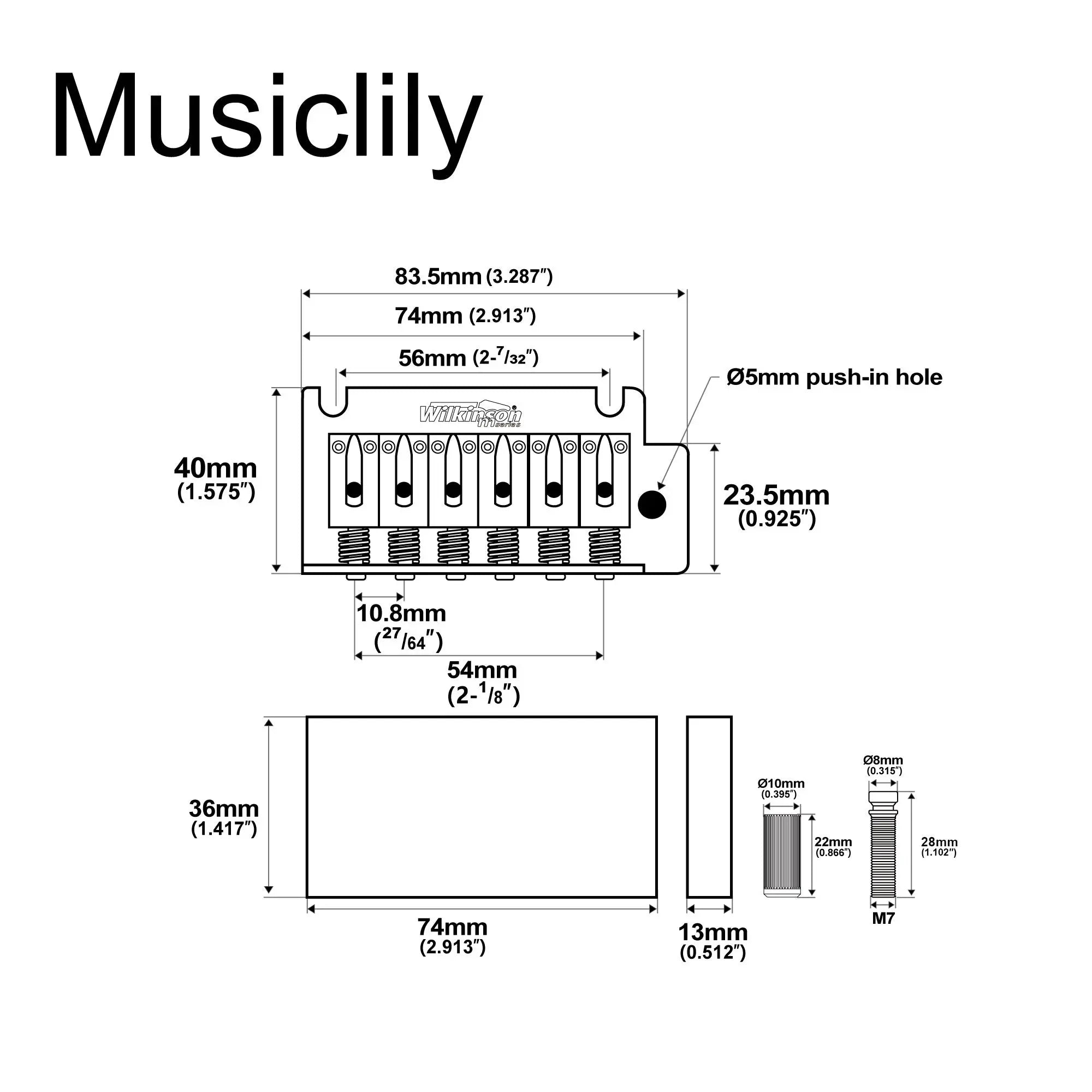 Wilkinson M Series 54mm(2-1/8 inch) Full Block ST Guitar Tremolo Bridge Pop-in Arm 2-Point for MIJ/MIK Strat Style Electric Guitar Wilkinson M Series