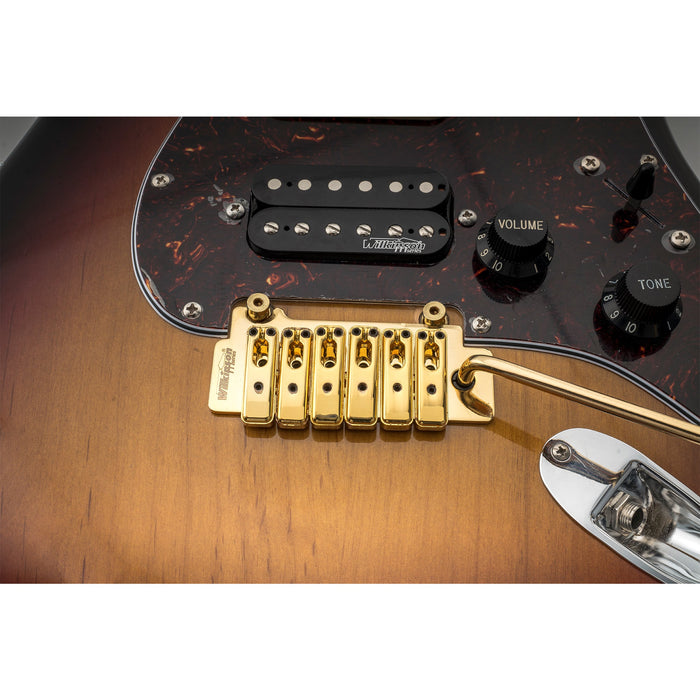 wilkinson m series 52 5mm2 1 16 inch individual saddle full block st guitar tremolo bridge pop in arm 2 point for squier mexico fender strat style electric guitar mx1798p, gold