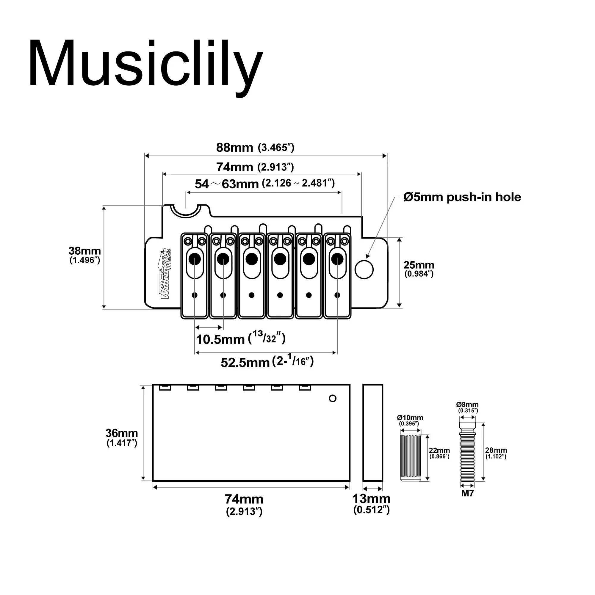 Wilkinson M Series 52.5mm(2-1/16 inch) Individual Saddle Full Block ST Guitar Tremolo Bridge Pop-in Arm 2-Point for Squier/Mexico Fender Strat Style Electric Guitar Wilkinson M Series
