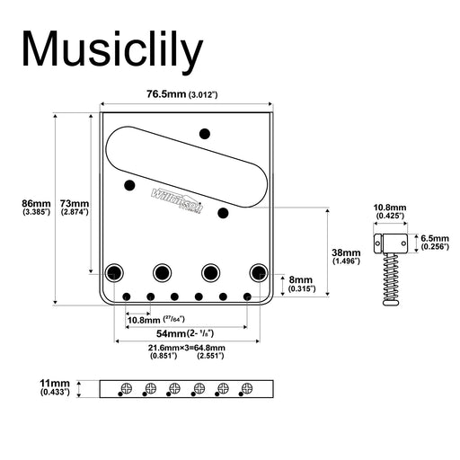 Dimensions of wilkinson m series 54mm2 1 8 inch vintage ashtray style bridge with 6 brass barrel saddles for tele style electric guitar mx1813p