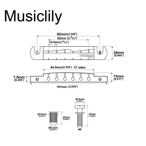 Dimensions of wilkinson m series 52mm2 3 64 inch string spacing pre set wraparound bridge for lp sg junior special style electric guitar mx1818p