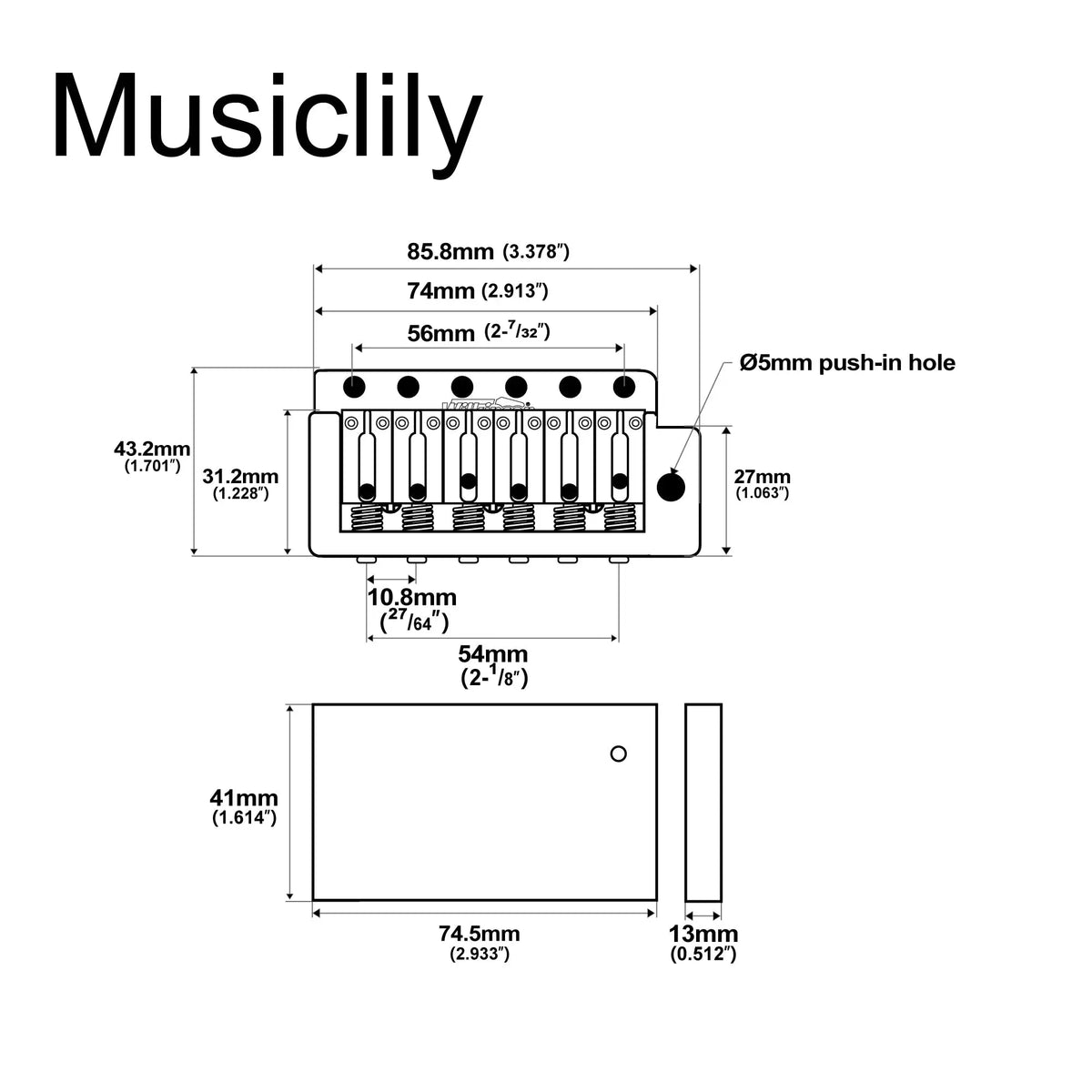Dimensions of wilkinson wvpc sb 54mm2 1 8 inch stainless steel saddles 6 hole guitar tremolo bridge with full solid steel block for import strat and japan strat style electric guitar mx1834p