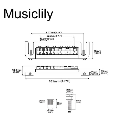 Dimensions of musiclily pro 52 5mm adjustable wraparound bridge tailpiece for epiphone lp junior style guitar mx1843p