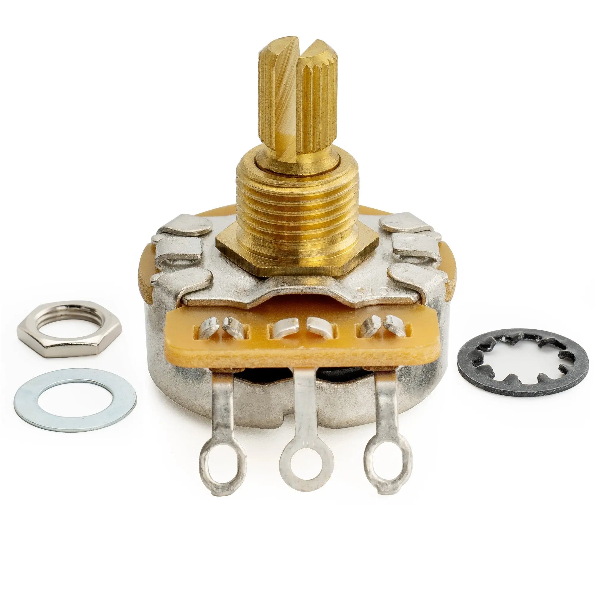 detail of cts 450g a250kx2 b250k pots brass short split shaft 1 4 inch 10 audio linear taper potentiometers for electric guitar bass set of mx1860 2mx1864
