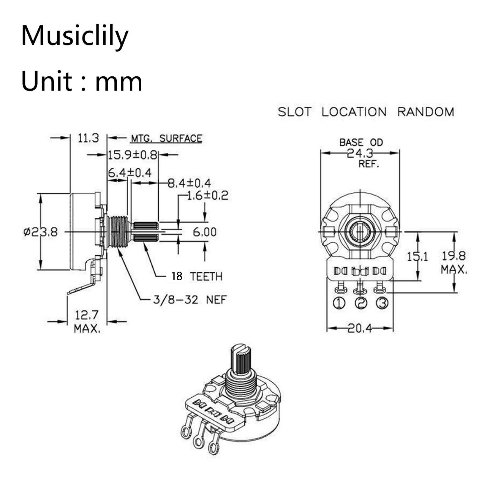 CTS 450G A250K Pot Metric Coarse 18-Spline Brass Short Split Shaft 1/4 Inch 10% Audio Taper Potentiometer for Electric Guitar Bass CTS