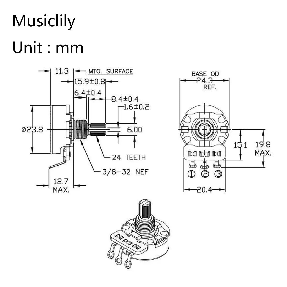 Dimensions of cts 450g vintage tone a250k pot brass short split shaft 1 4 inch 10 audio taper potentiometer for electric guitar bass mx1862