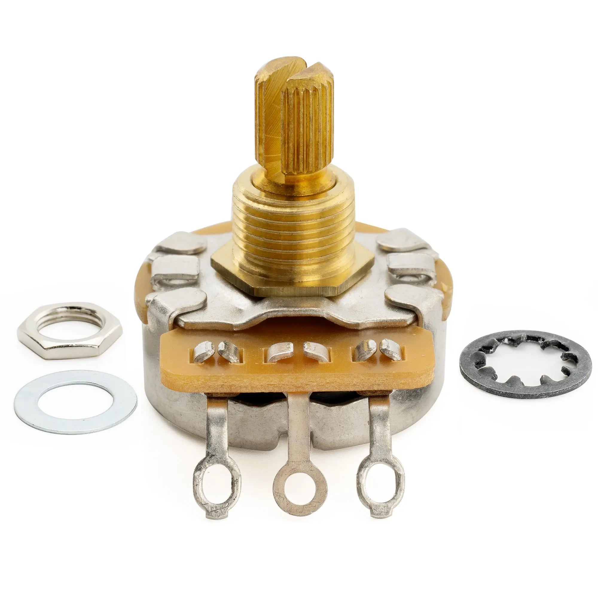 detail of cts 450g vintage tone a250k pot brass short split shaft 1 4 inch 10 audio taper potentiometer for electric guitar bass mx1862