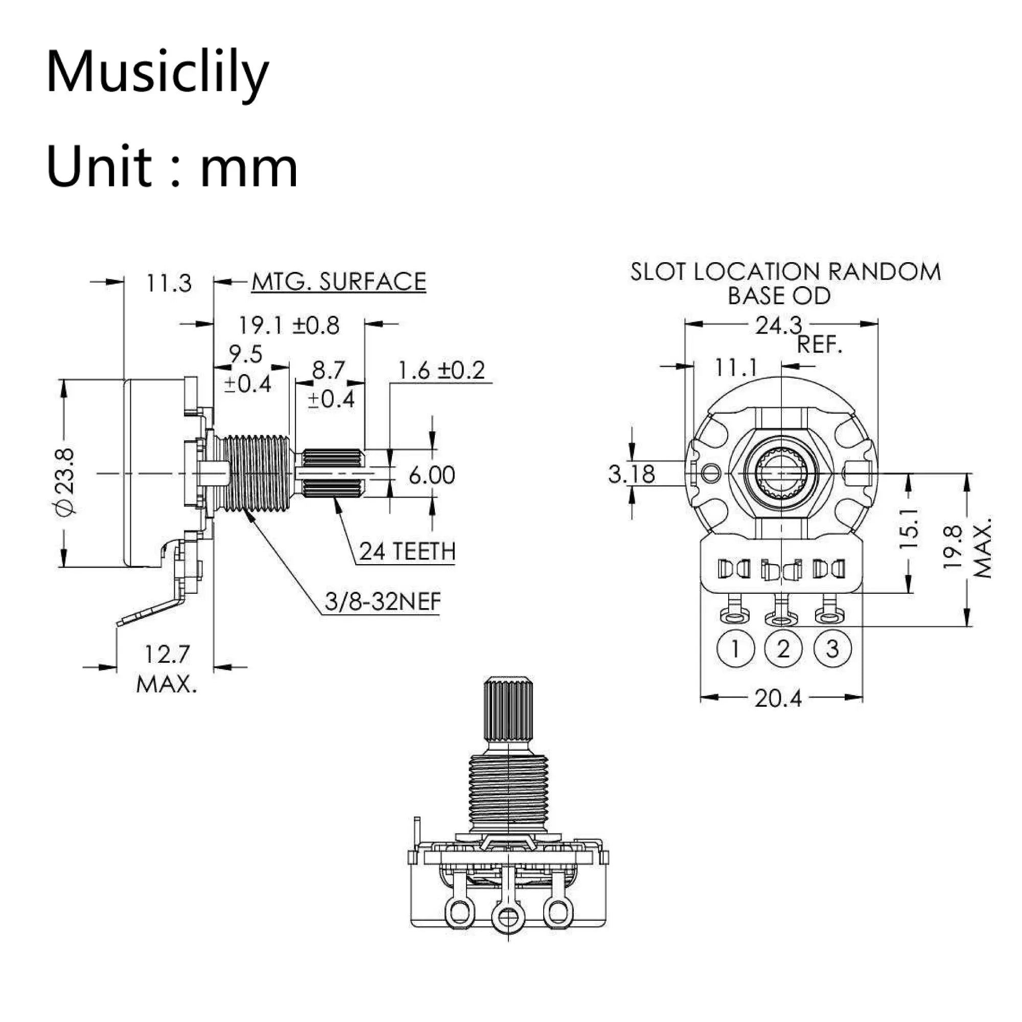 Dimensions of cts 450g a500k pot brass standard split shaft 3 8 inch 10 audio taper potentiometer for electric guitar bass mx1865