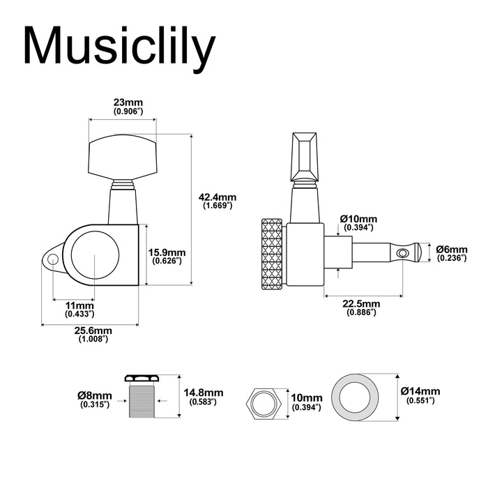 Musiclily Pro R15J Single 15:1 Ratio Full Sealed Locking Machine Head Treble Side Tuner Tuning Peg Key with Big Hex Button Right Angle Screw for Acoustic Electric Guitar