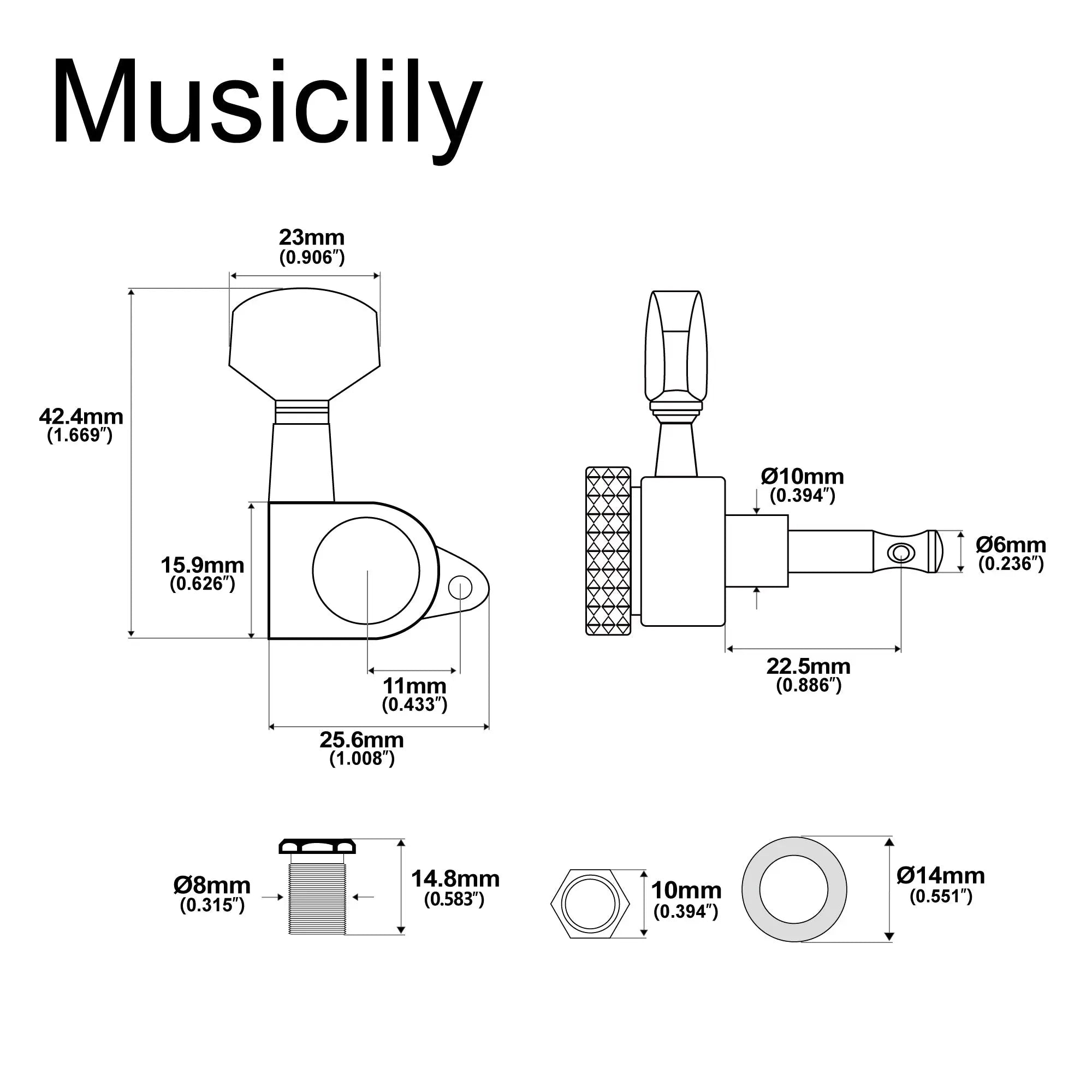 Dimensions of musiclily pro 3r3l 15 1 ratio full sealed locking machine heads tuners tuning pegs keys with big hex button right angle screw for acoustic electric guitar