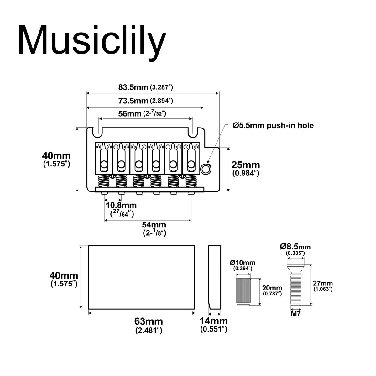 Dimensions of musiclily pro 54mm2 1 8 inch 2 point style guitar tremolo bridge with stainless steel saddles full steel block for japan import strat style electric guitar mx1891p