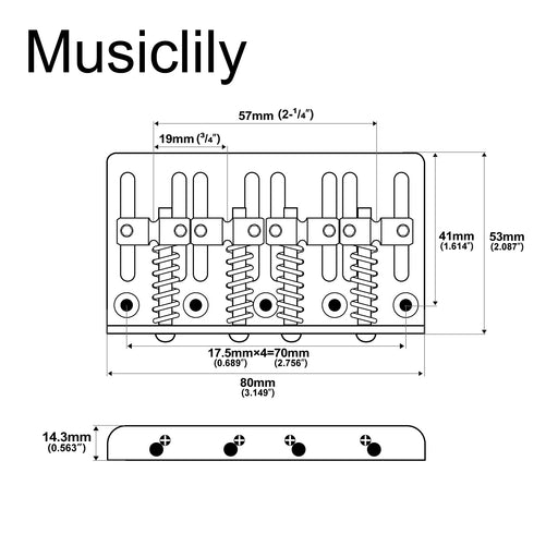 Dimensions of musiclily pro 57mm 2 1 4 inch string spacing heavy duty 4 string bass bridge assembly mx1894p