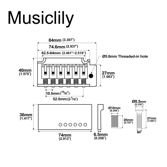 Dimensions of musiclily pro 52 5mm 2 point style short block guitar tremolo bridge for squier strat mx1905p