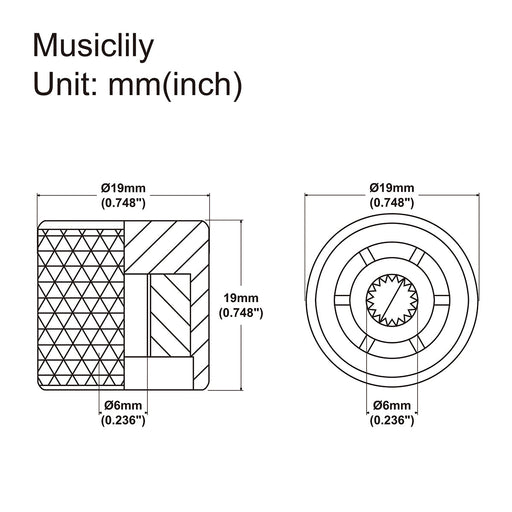 Dimensions of musiclily pro coarse 18 splines steel flat top control knob for imported guitar bass mx1911 2p