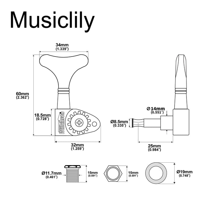 Wilkinson Single 20:1 Ratio Open Gear Machine Head Bass Side Tuner Tuning Peg Key with Y-Style Button for Electric Bass