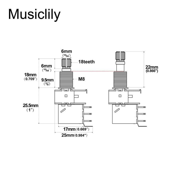 Musiclily Pro A500K 黄銅製ポット メトリック スプリット 標準シャフト 9.5mm プッシュプル オーディオテーパー ポテンショメーター エレキギター/ベース用