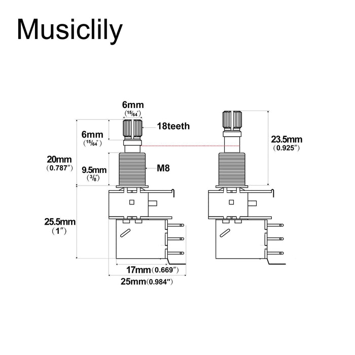 Musiclily Pro A500K ブラスポット メトリック分割スタンダードシャフト 9.5mm プッシュプッシュ オーディオテーパーポテンショメーター エレキギター/ベース用 (4個セット)