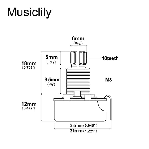 Dimensions of alpha 500k metric coarse 18 spline split shaft pots audio linear taper potentiometers for electric guitar bass mx1949 4