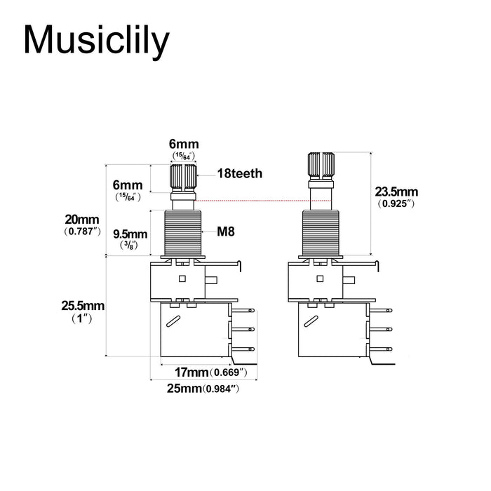 Musiclily Pro A250K ブラスポット メトリック分割スタンダードシャフト 9.5mm プッシュプッシュ オーディオテーパーポテンショメーター エレキギター/ベース用