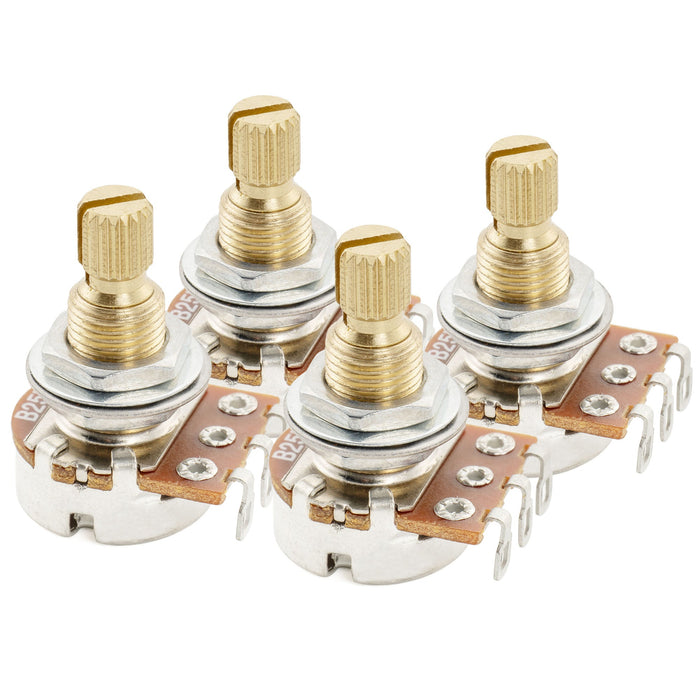 Musiclily Pro A25K Mini Pots Brass Metric Split Standard Shaft 9.5mm Audio Taper Potentiometers for Active Pickups Electric Guitar Bass (Set of 4)