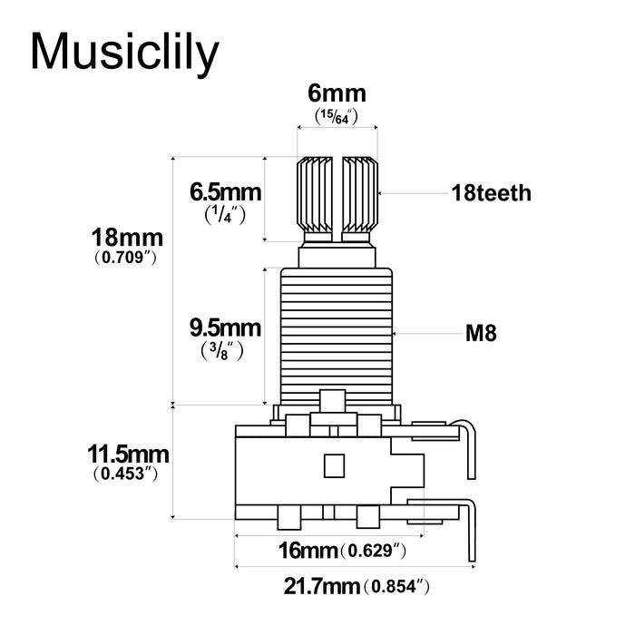Dimensions of musiclily pro mn250k aluminum thread mini metric coarse 18 spline split shaft blend pots dual balance potentiometers with center detent for electric guitar bass mx1959 2
