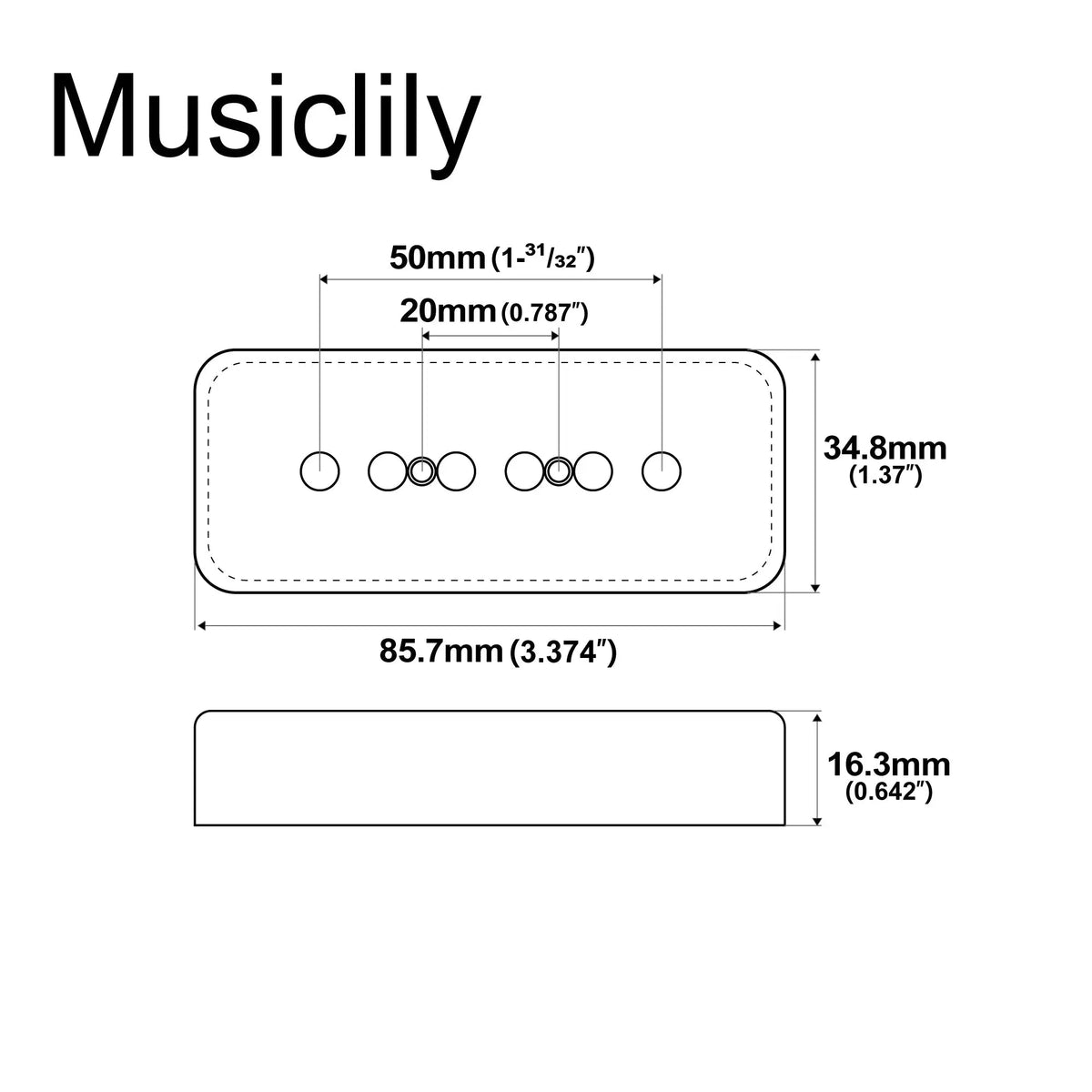 Dimensions of musiclily pro plastic 50mm p90 soapbar guitar pickup covers for import lp sg electric guitar mx1998 2p