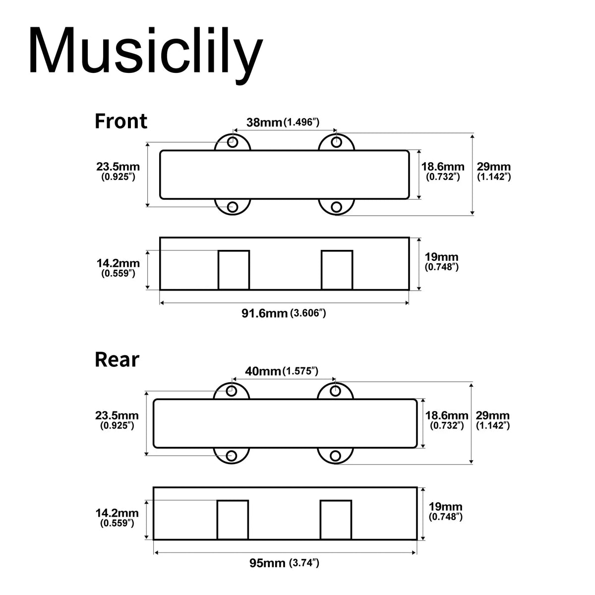 Dimensions of musiclily pro plastic f91 6 r95mm jazz bass pickup covers no holes set for fender j bass mx2002bkmx2003bk