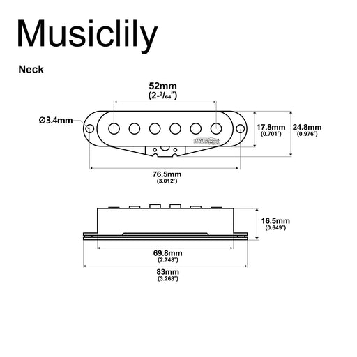Dimensions of wilkinson m series high output alnico 5 st single coil neck pickup for strat style electric guitar mx2065bk