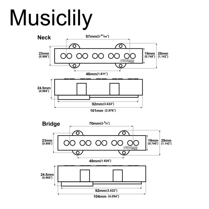 Dimensions of wilkinson m series wojb5 variable gauss vintage tone ceramic single coil pickups set for 5 string jazz bass mx2076mx2077
