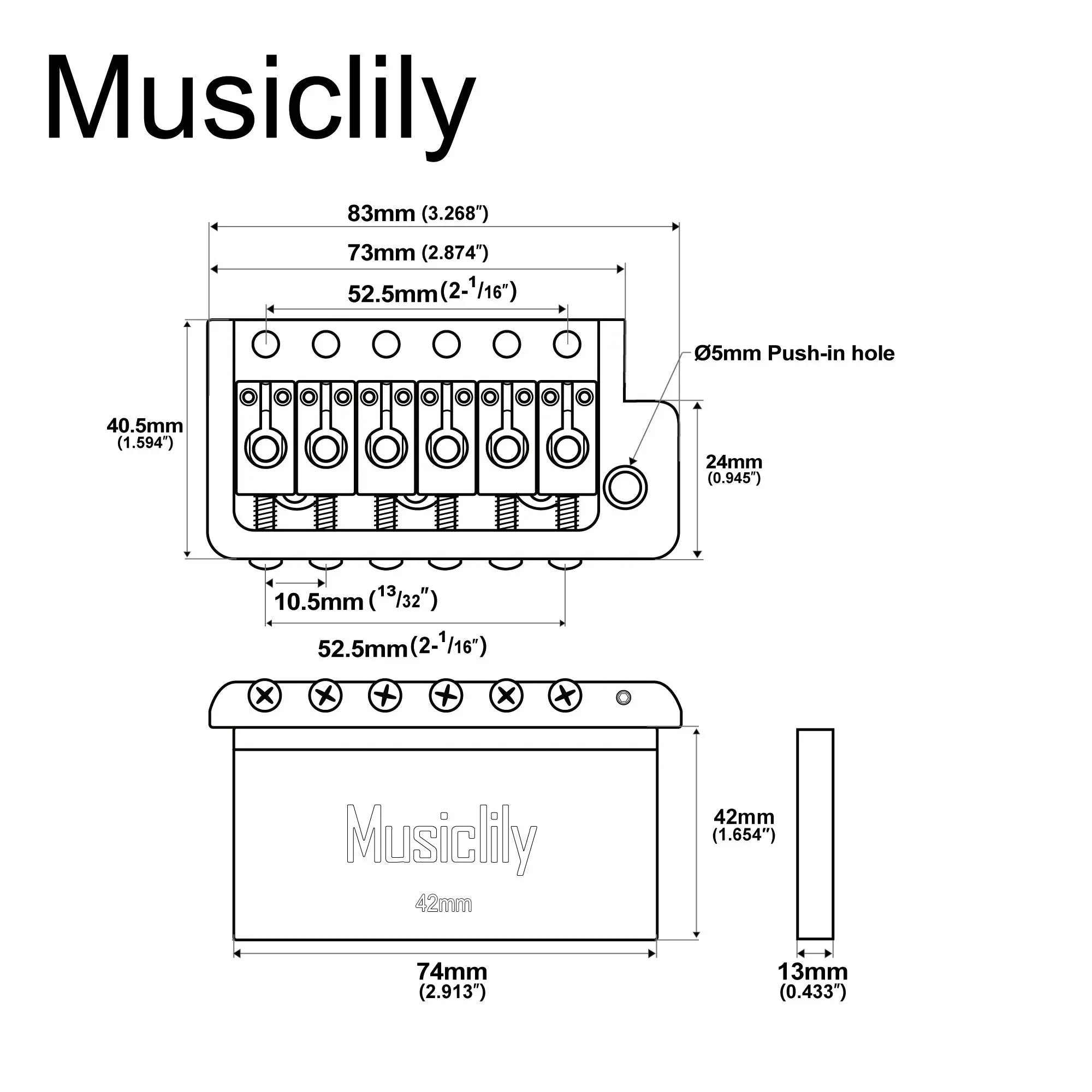 Musiclily Ultra 52.5mm(2-1/16 inch) Full Solid Brass 6-Screw Knife Edge Tremolo Bridge for Strat Style Electric Guitar Musiclily Ultra
