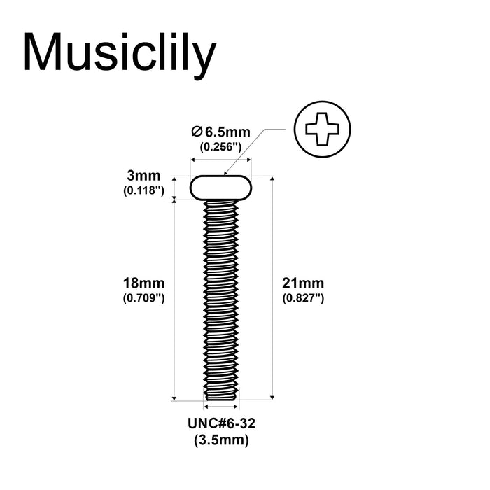 Tornillos de montaje para pastillas de bobina simple estilo Strat Musiclily Basic Steel UNC#6 de 32 pulgadas, rosca de 3,5 x 18 mm, para guitarra eléctrica ST (juego de 20)