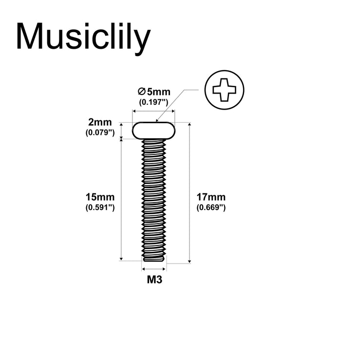 Dimensions of musiclily basic metric thread m3 15mm pan head single coil pickup mounting screws for strat tele style electric guitar mx2115 20p