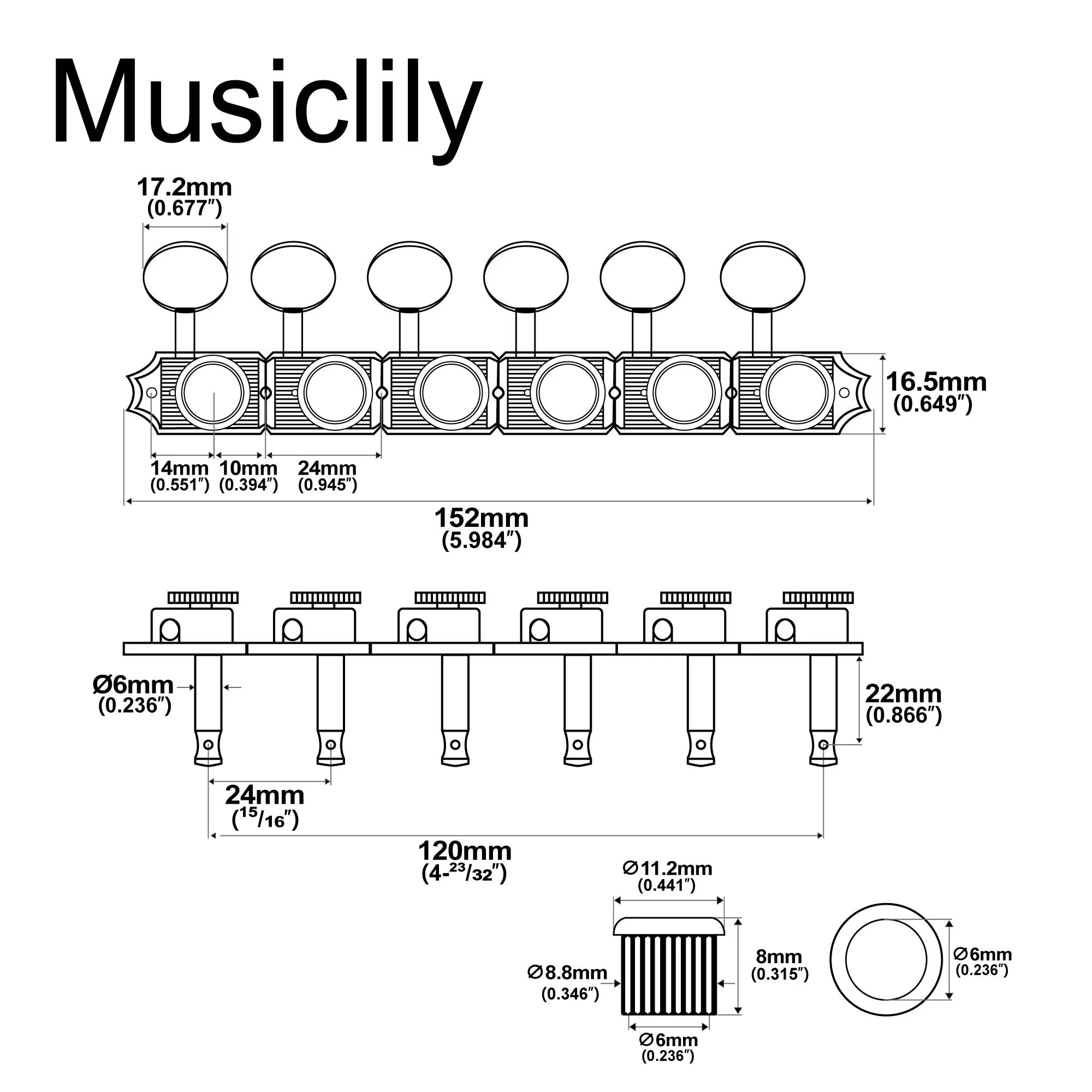 Musiclily Pro R15T 6-inline Vintage Hybrid Style Vintage Oval Button Guitar Locking Tuners Tuning Pegs Keys Machine Heads Set for Fender Strat Tele Style Electric Guitar Musiclily Pro