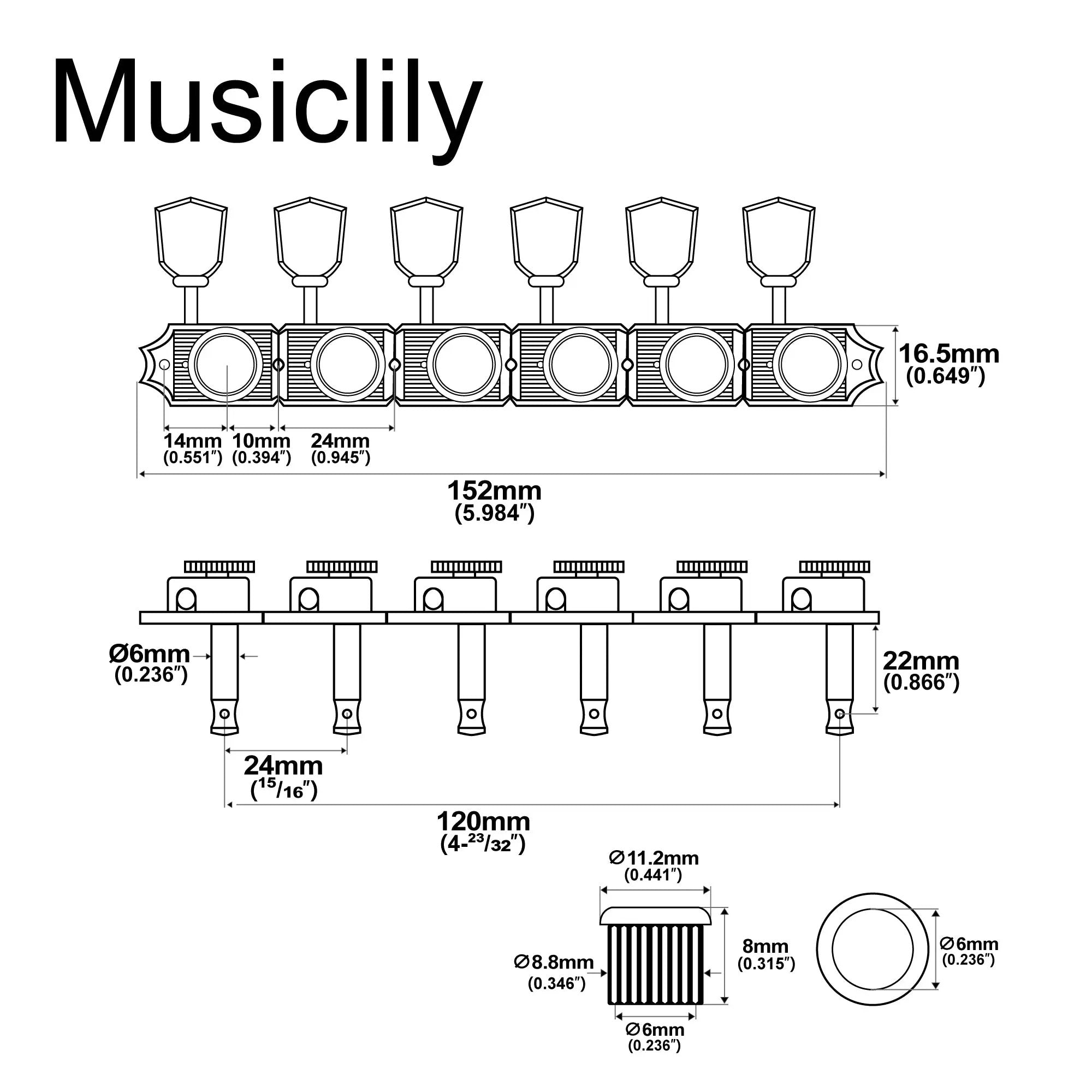 Musiclily Pro R15T Vintage Hybrid Style Keystone Button 6 inline Guitar Locking Tuners Tuning Pegs Keys Machine Heads Set for Strat Tele Style Electric Guitar Musiclily Pro