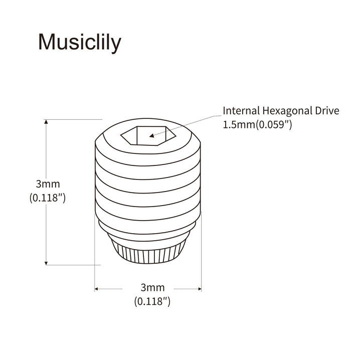 Dimensions of musiclily pro metric m3 3mm stainless steel tightening set screw for strat style electric guitar tremolo bridge push in style arm bar mx2243 2
