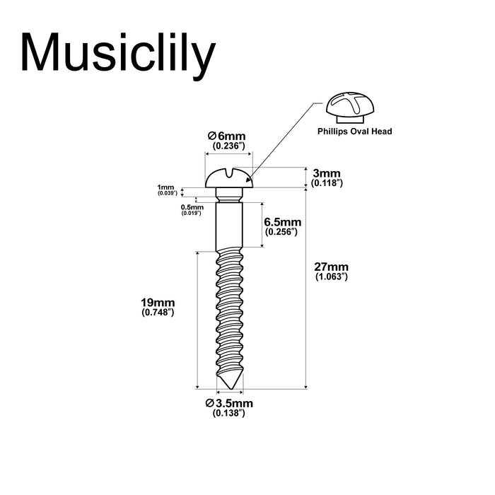 Dimensions of musiclily ultra 3 5 30mm stainless steel mounting screws for electric guitar prs style tremolo bridge mx2250 6p