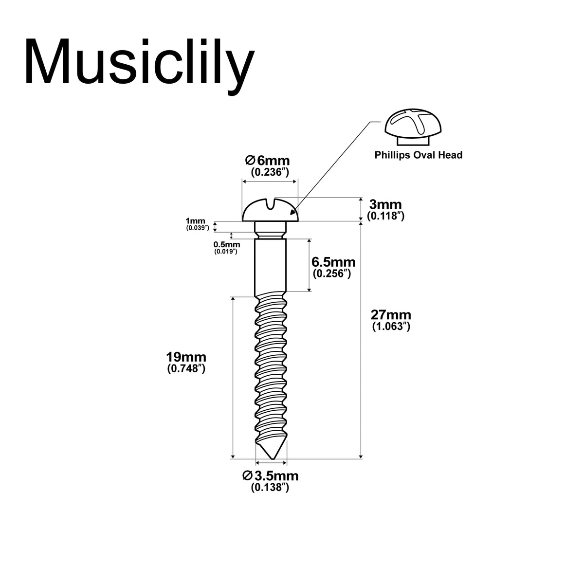 Tornillos de montaje Musiclily Ultra de acero inoxidable de 3,5 x 30 mm para puente de trémolo estilo PRS de guitarra eléctrica (juego de 6)