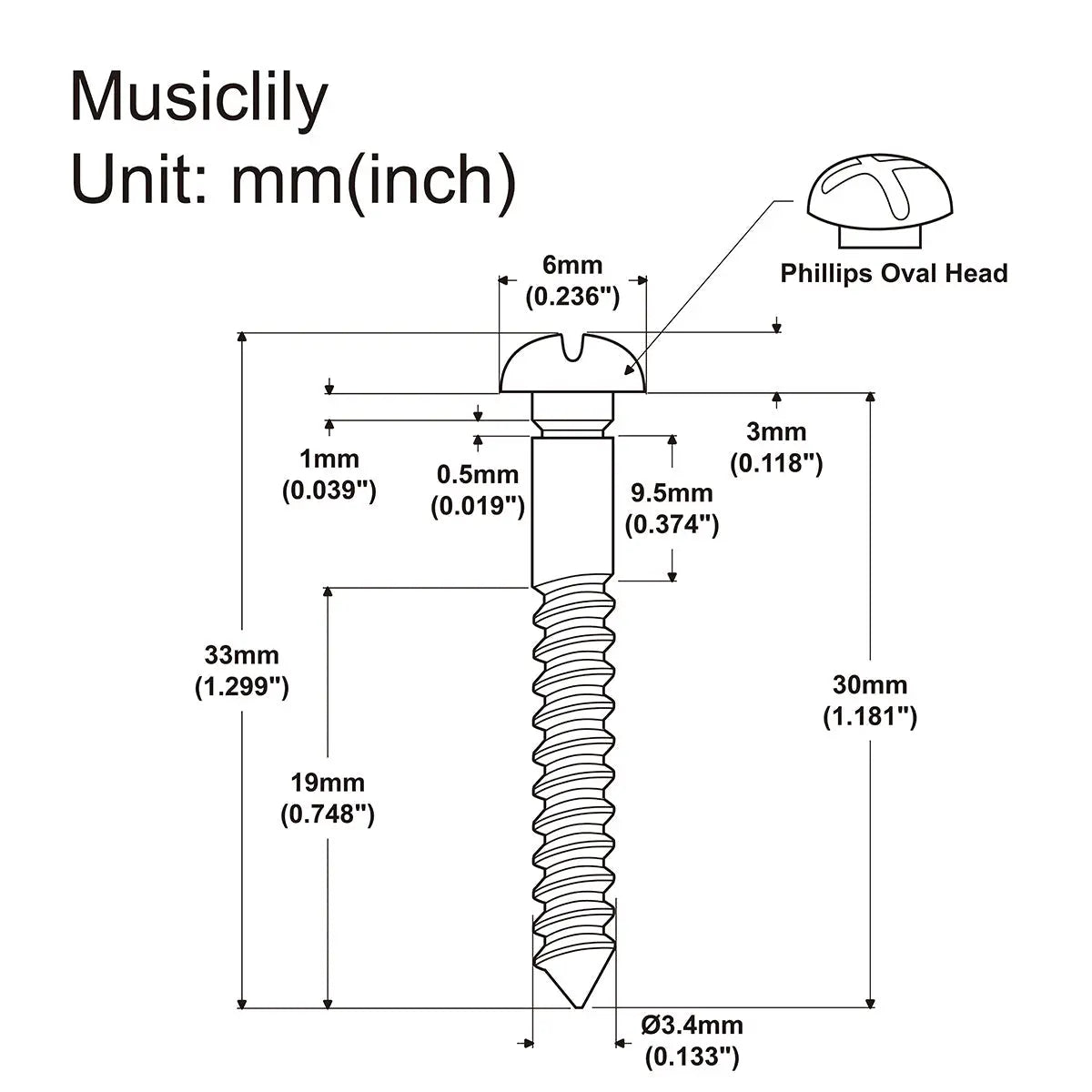Dimensions of musiclily ultra 33mm stainless steel mounting screws for electric guitar prs style tremolo bridge mx2251nu 6
