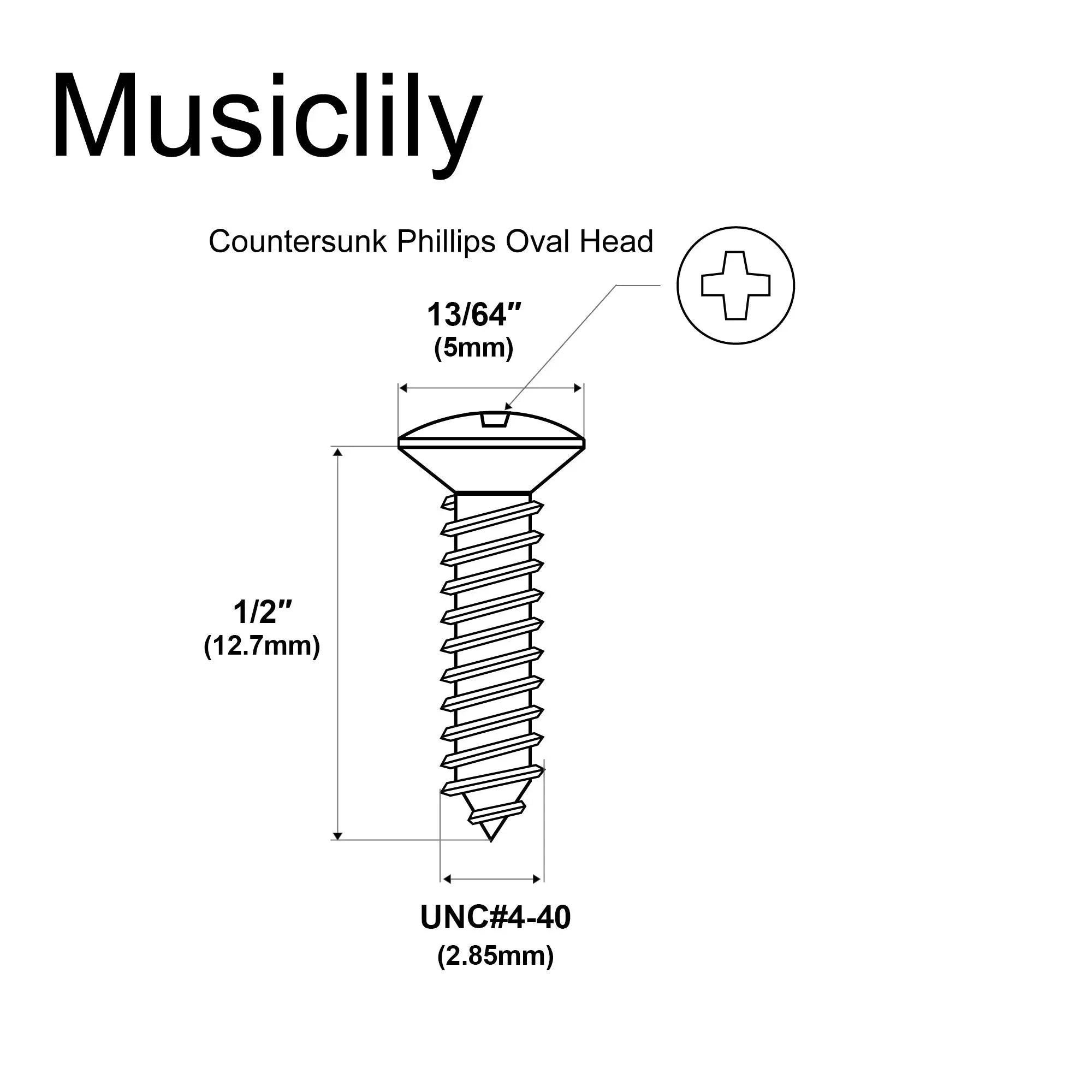 Dimensions of musiclily ultra 3 12mm stainless steel pickguard countersunk mounting screws for usa fender style electric guitar or bass mx2252p
