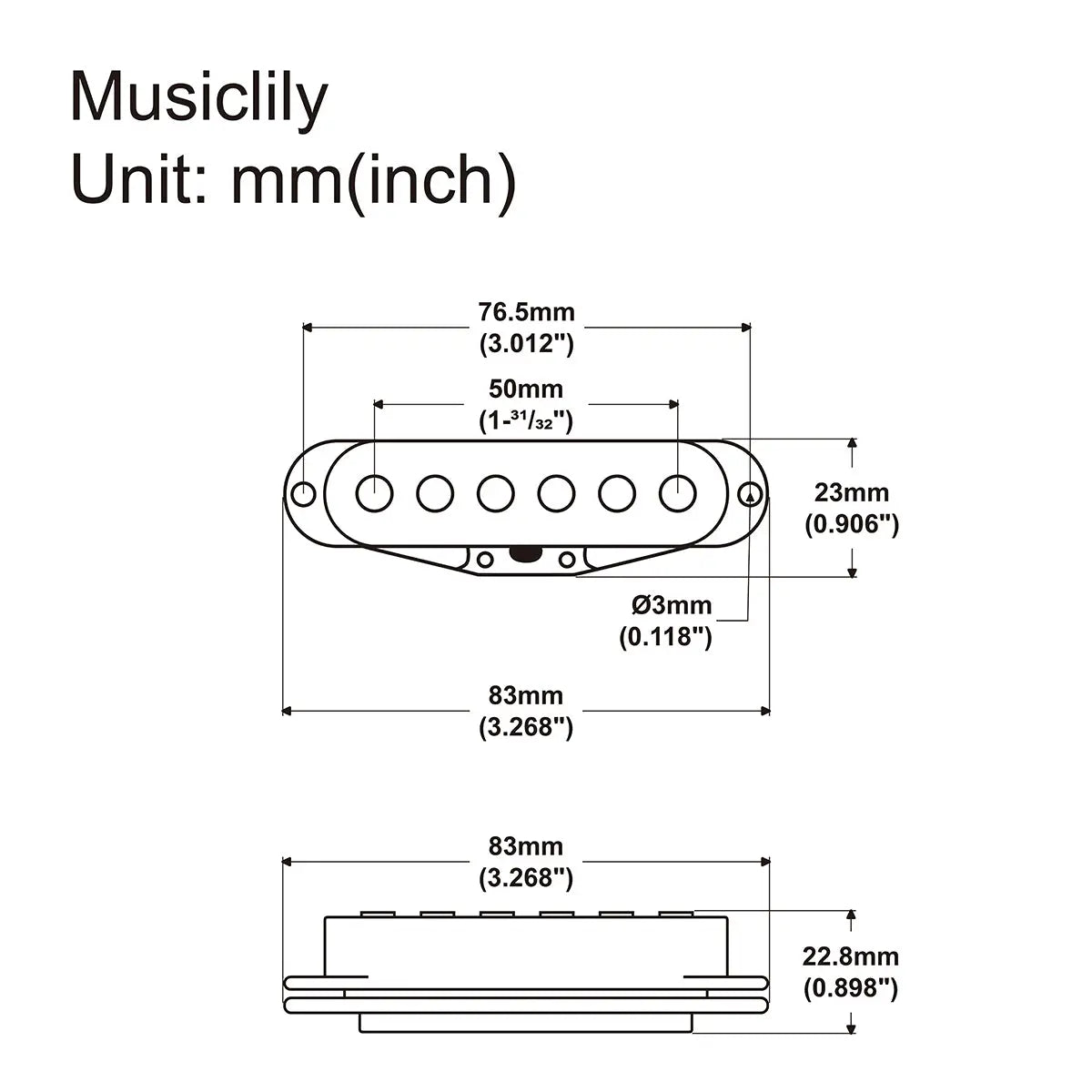 Dimensions of musiclily basic 50mm ceramic single coil neck pickup for strat style electric guitar mx2295bk
