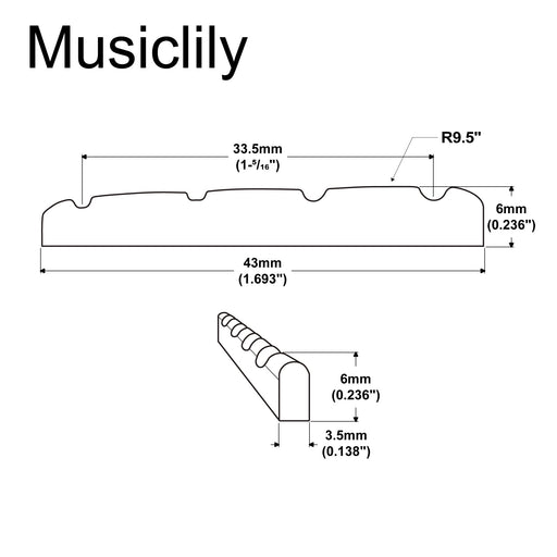Dimensions of musiclily basic 4 string electric bass pre slotted brass nut 43x3 5x6mm mx2298